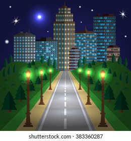 The road to the city at night. Vector illustration.