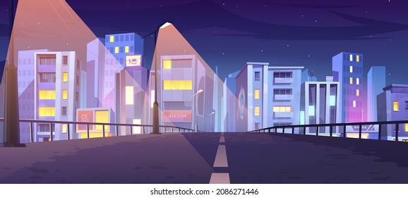 Road To City With Office Buildings, Shops And Houses At Night. Vector Cartoon Urban Landscape With Empty Street, Town Buildings, Street Lights And Stars In Sky