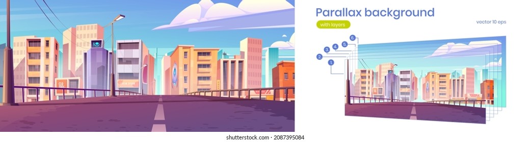 Road to city with office buildings, shops and houses. Vector parallax background for 2d animation with cartoon urban landscape, cityscape with empty street and town buildings