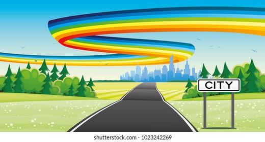 The road to the city and the rainbow in the sky.