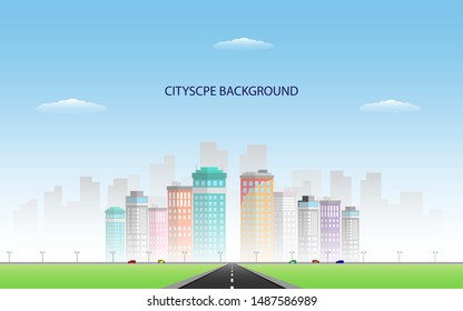 Road to city with skyscraper building background. CityScape or city landscape daytime view with traffic and skyscraper building illustration in flat style design - vector illustration