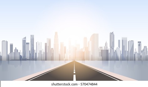Road To City Skyscraper View Cityscape Background Skyline Silhouette with Copy Space Vector Illustration