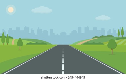 
Road To City. Straight empty road through the meadow. Summer landscape vector illustration.
