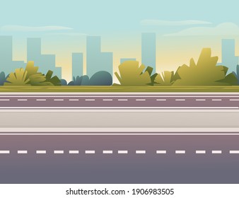 Road to city straight empty road through rural meadow with wheat field a sunny day with clear sky vector illustration