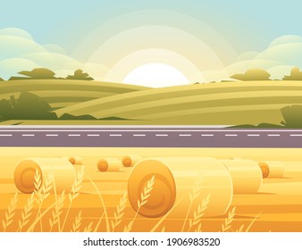 Road to city straight empty road through rural meadow with wheat field a sunny day with clear sky vector illustration