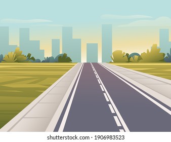 Road to city straight empty road through green meadow with trees and bushes sunny day with clear sky vector illustration