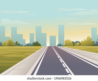 Road to city straight empty road through green meadow with trees and bushes sunny day with clear sky vector illustration