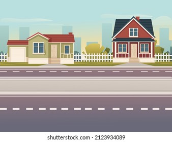 Road to city straight empty road through wooden houses green meadow with trees and bushes sunny day with clear sky vector illustration