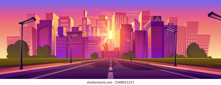 Road to city street at sunset cartoon background. Highway cityscape with building and skyscraper on skyline scene. Empty traffic line panoramic illustration. Modern urban downtown panorama design