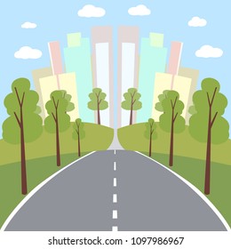 road to the city, summer landscape with colorful skyscrapers, vector background
