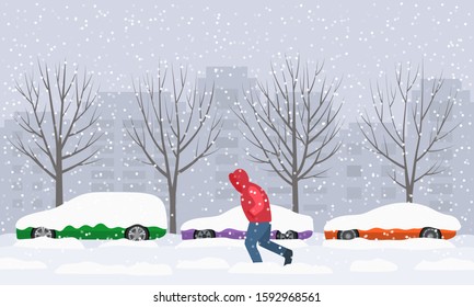   The road in the city swept after heavy snow and hail. parked cars on the street in snowdrifts and snow. The man is barely walking. flat vector illustration