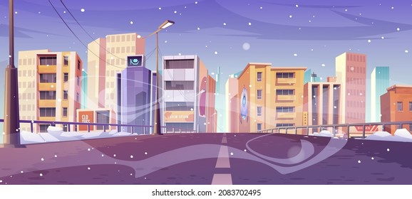 Road to city, town street with buildings with shops and houses in winter. Vector cartoon cityscape with empty highway, urban architecture, snow, snowfall and blizzard