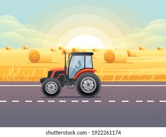 Road to city tractor is driving on the road through rural meadow with wheat field a sunny day with clear sky vector illustration