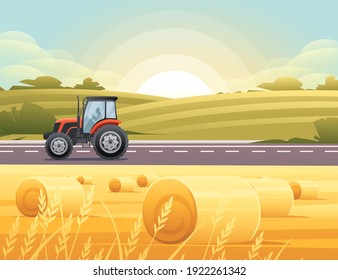 Road to city tractor is driving on the road through rural meadow with wheat field a sunny day with clear sky vector illustration