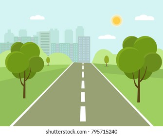 Road to the city. Urban buildings on the horizon. Vector flat style illustration