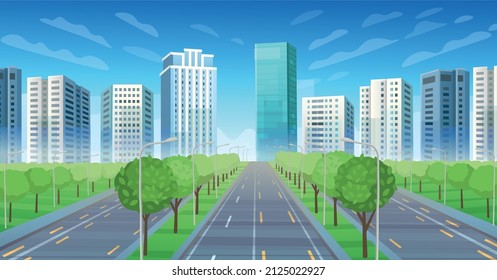 Straße in die Stadt.  Blick auf Stadtlandschaft Hintergrund mit Bäumen.Stadtansicht. Cartoon, Vektorgrafik.