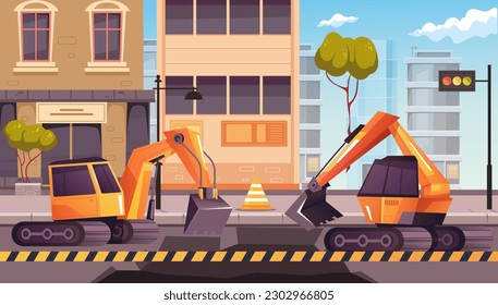 Road city works asphalt replacement excavate industry digger machine concept. Vector graphic design illustration element