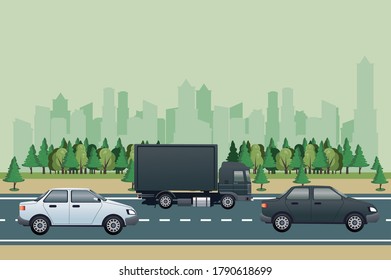 road cityscape scene with vehicles vector illustration design