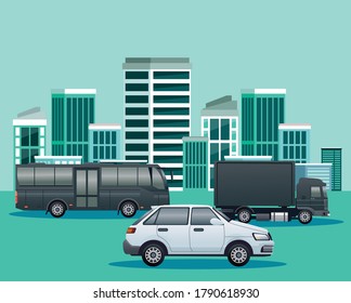 Stadtbild mit Fahrzeugen, Vektorgrafik-Design
