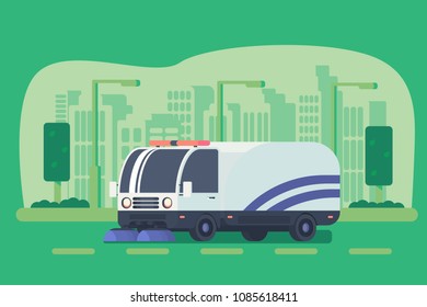 Road cleaner car in city. Process of cleaning highway. Street sweeper. Machine for road service. Urban background.