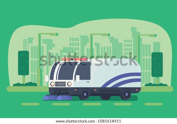 Road cleaner\
car in city. Process of cleaning highway. Street sweeper. Machine\
for road service. Urban\
background.
