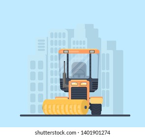Road cleaner tractor in city. Street sweeper. Machine for highway service. Front view vctor illustration.
