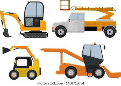 Road cleaning machine excavator tractor vector vehicle truck sweeper cleaner wash city streets illustration, vehicle van cat excavator bulldozer tractor lorry transportation isolated on background
