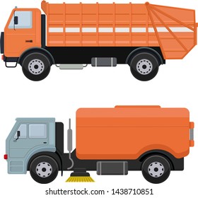 Road cleaning machine vector vehicle truck sweeper cleaner wash city streets illustration, vehicle van car excavator bulldozer tractor lorry transportation isolated on background