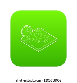 Road and clock icon green vector isolated on white background