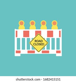 Road closed ahead vector flat design symbol or roadblock isolated cartoon icon. trafic sign & reflector graphic. roadworks & Barricade. Red and white colored street barrier obstacle. stop coronavirus