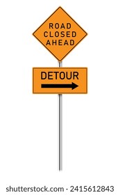 road closed, detour sign on a pole. Vector illustration