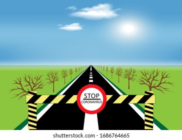 The road is closed due to coronavirus spread. Highway against the backdrop of the rising sun among meadows disappearing over the horizon