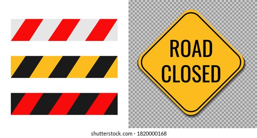 Road closed sign, symbol, icon, logo. Square yellow sign of Road closed on trasparent background. Vector illustration