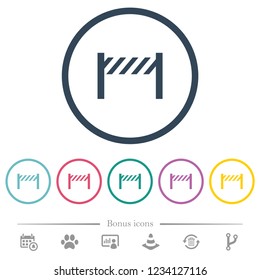 Road closure fence flat color icons in round outlines. 6 bonus icons included.