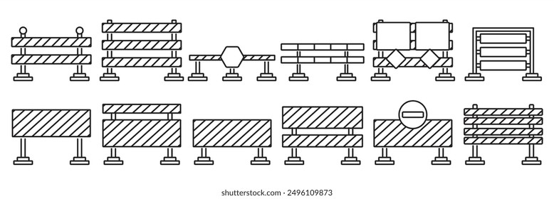 Road closure signs, road dividers and road repair safety signs. Road blocks and pedestrian barriers editable thin linear outline icons set isolated on transparent background flat vector illustration.