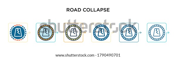 Road collapse vector icon in 6 different modern
styles. Black, two colored road collapse icons designed in filled,
outline, line and stroke style. Vector illustration can be used for
web, mobile, ui