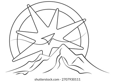 Brújula de carretera línea continua guía de viaje minimalista con Ilustración vectorial de contorno de icono de montaña aislado sobre fondo blanco.