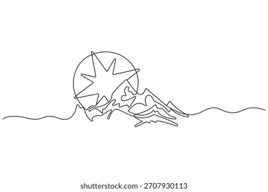 Brújula de carretera línea continua guía de viaje minimalista con Ilustración vectorial de contorno de icono de montaña aislado sobre fondo blanco.