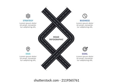 Road concept for infographic with 4 steps, options, parts or processes. Business data visualization.