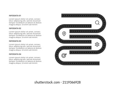 Road concept for infographic with 4 steps, options, parts or processes. Business data visualization.