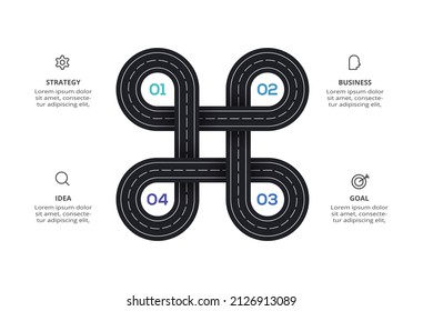 Road concept for infographic with 4 steps, options, parts or processes. Business data visualization.