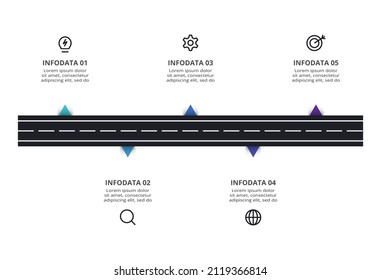 Road concept for infographic with 5 steps, options, parts or processes. Business data visualization.