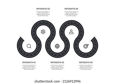Road concept for infographic with 5 steps, options, parts or processes. Business data visualization.