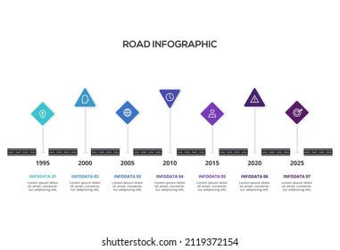 Road concept for infographic with 7 steps, options, parts or processes. Business data visualization.