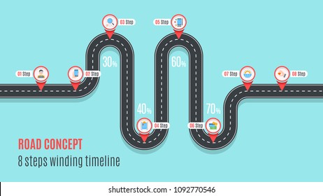 Road concept timeline, infographic chart, flat style asphalt road. Color Swatches control.