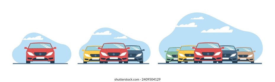 Straßenverhältnisse, wenige Autos und viele Autos im Stau. Sedan Automobil Front, Stadtverkehr. Moderne minimalistische Grafiken. Transportkartoon flach, einzelne Vektorgrafik-Konzept