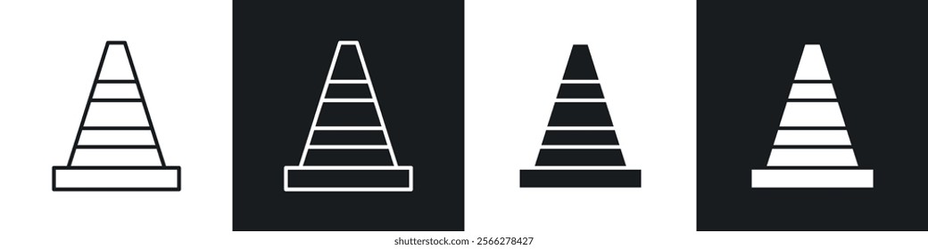 Road cone icons collection in black filled and line style.