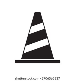 Road cone silhouette conical shape with reflective stripes icon