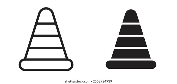 Conjunto de iconos de Vector de cono de carretera relleno negro y estilo delineado.
