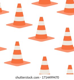 Los conos de carretera son un patrón sin fisuras. Ilustración vectorial repetitiva en fondo transparente. Conos de carreteras, conos de tráfico para web, diseño, papel de envoltura, tela, papel tapiz. EPS 10.